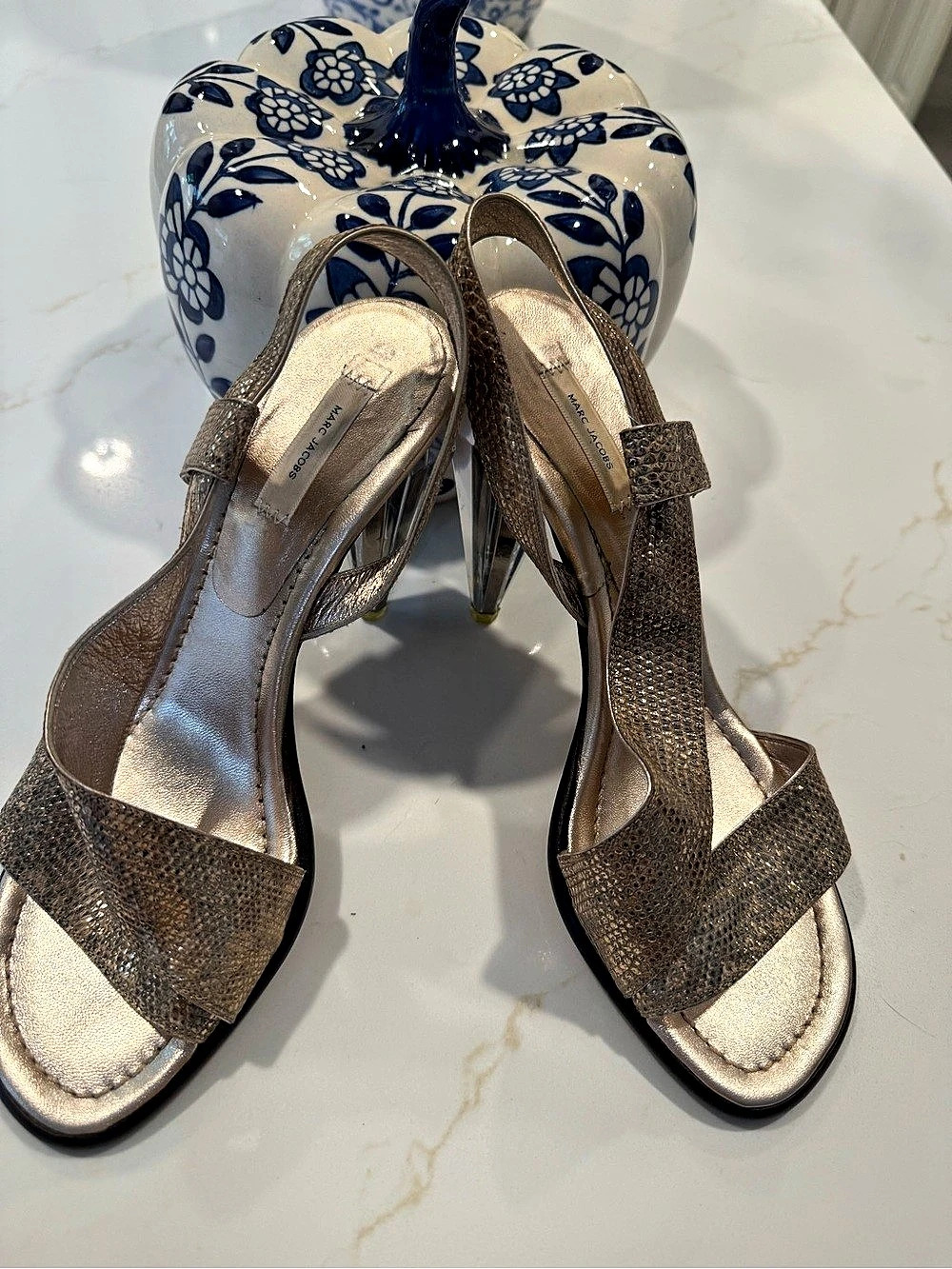 Marc Jacobs The Gem Sculpted Heel Leather Slingback Sandal Gold Slingback